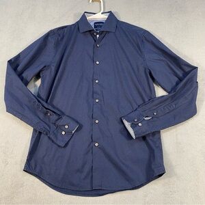 Denim & Flower Men’s Dark Blue Polka Dots Button Up Dress Shirt, Slim Fit,size S